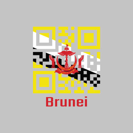 QR code set the color of Brunei flag, a centered red crest on yellow field cut by black and white diagonal stripes, with text Brunei.のイラスト素材