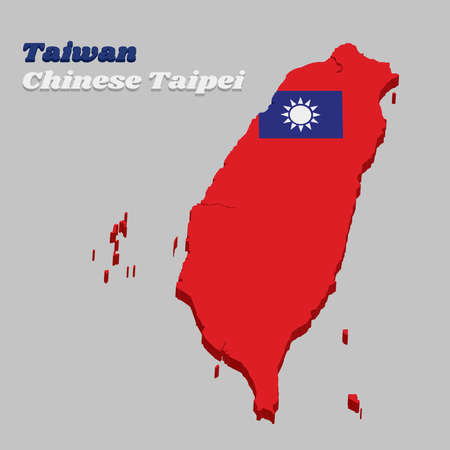3D Map outline of Chinese Taipei, The Taiwan flag  red field with a blue canton containing a 12-ray white sun.のイラスト素材