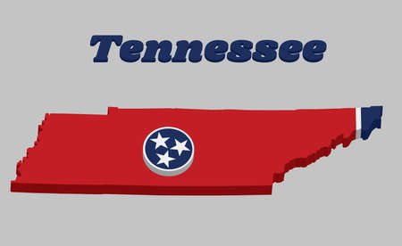 3D Map outline and flag of Tennessee, A blue circle with three white stars on a rectangular field of red, with a strip of white and blue on the fly and text Tennessee.のイラスト素材