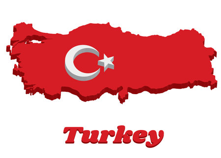 3D Map outline and flag of Turkey, a red field with a white star and crescent slightly left of center. with text Turkey.のイラスト素材