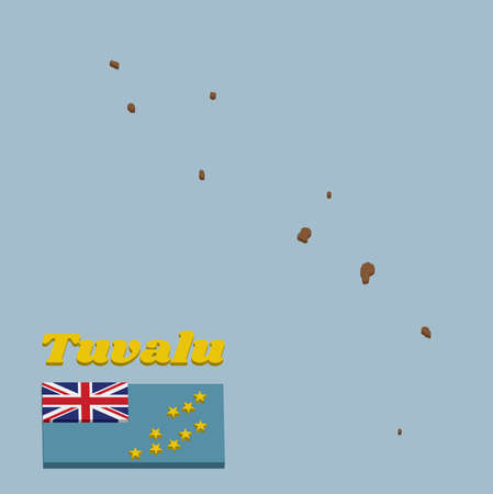 3D Map outline and flag of Tuvalu, a Light Blue Ensign with the Map of the Island of nine yellow stars on the outer half of the flag. with text Tuvalu.のイラスト素材