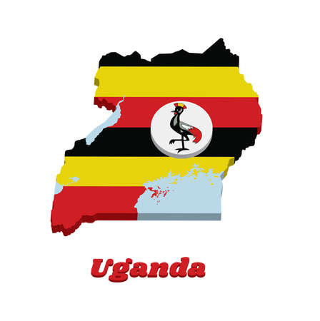 3D Map outline and flag of Uganda, horizontal bands of black yellow and red; a white disc depicts the national symbol, a grey crowned crane with text Uganda.のイラスト素材