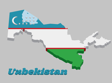 3d Map outline and flag of Uzbekistan, a horizontal blue, white and green stripes, separated by two narrow red stripes. A crescent and three rows of twelve stars and text Uzbekistan.のイラスト素材