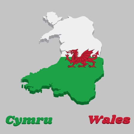 3d Map outline and flag of Wales, consists of a red dragon passant on a green and white field. with name text Wales and Cymru.のイラスト素材