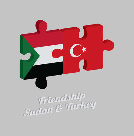 Jigsaw puzzle 3D of Sudan flag and Turkey flag with text: Friendship Sudan & Turkey. Concept of Friendly or good compatibility between both countries.のイラスト素材