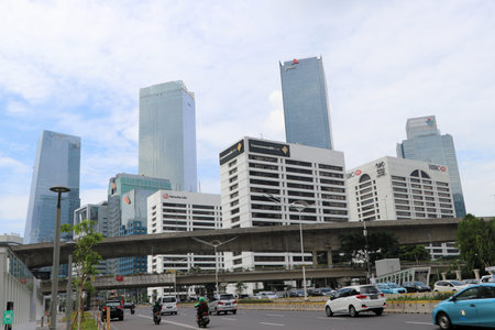 Jakarta, Indonesia May 6, 2019: Many high-rise buildings with Jend Sudirman Road at the central...