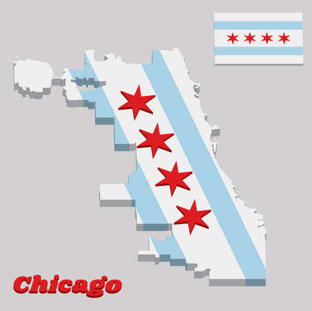 3D map outline and flag of Chicago, the city of Chicago is the most populous city in Illinois, United States of America. with name text Chicago.のイラスト素材