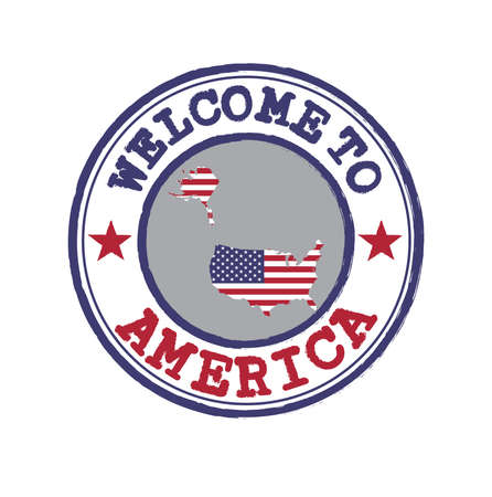 Vector Stamp of welcome to America with nation flag on map outline in the center. Grunge Rubber Texture Stamp of welcome to United States of America.のイラスト素材