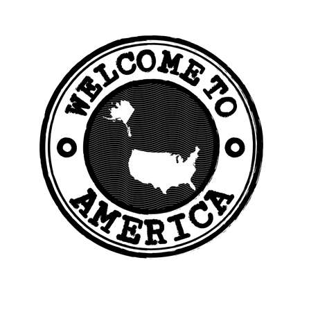 Vector Stamp of welcome to America  with nation map outline in the center. Grunge Rubber Texture Stamp of welcome to United States of America.のイラスト素材