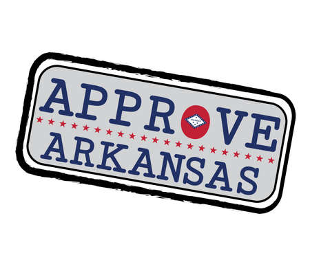 Vector Stamp for Approve logo with Arkansas Flag in the shape of O and text Arkansas. Grunge Rubber Texture Stamp of Approve from Arkansas.のイラスト素材