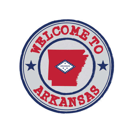 Vector Stamp of welcome to Arkansas with states flag on map outline in the center. Grunge Rubber Texture Stamp of welcome to Arkansas.のイラスト素材