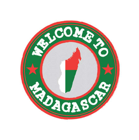 Vector Stamp of welcome to Madagascar with nation flag on map outline in the center. Grunge Rubber Texture Stamp of welcome to Madagascar.のイラスト素材