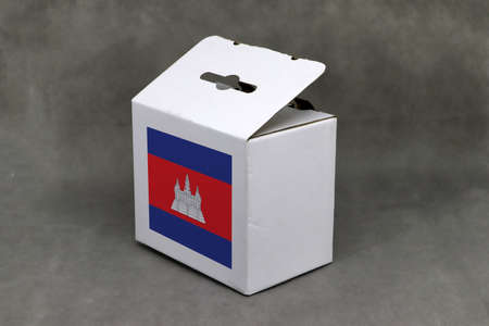 Cambodian flag on white box, Paper packaging for put products. The concept of export trading from Cambodia.の写真素材