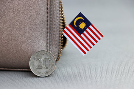 Twenty cents coin of Malaysia Ringgit and mini Malaysian flag with the leather wallet on grey...