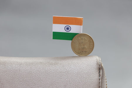 Five Rupee money coin of India and mini Indian flag stick on the leather wallet on grey background. Concept of finance or currency.の写真素材