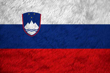 Towel fabric pattern flag of Slovenia, Crease of Slovenian flag background. White blue and red, charged with the Coat of arms at the hoist side.の写真素材
