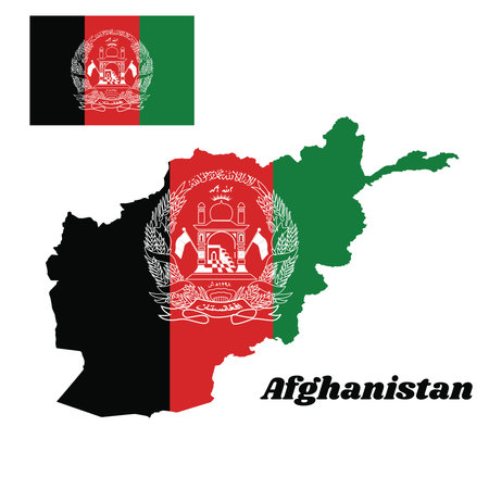 Map outline and flag of Afghanistan, black red and green with the National Emblem in white centered. With name text Afghanistan.のイラスト素材