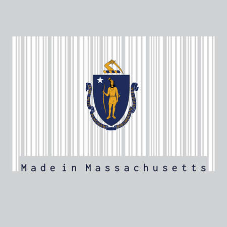 Barcode set the color of Massachusetts flag, the states of America. the state coat of arms centered on a white field. text: Made in Massachusetts. Concept of sale or business.のイラスト素材