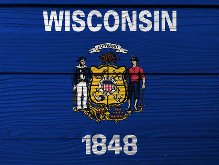 Wisconsin flag color painted on Fiber cement sheet wall background, the states of America. Coat of arms on dark blue field with the name of the state and the date 1848.の写真素材