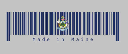Barcode set the color of Maine flag. Maine coat of arms defacing blue field. text: Made in Maine. Concept of sale or business.のイラスト素材