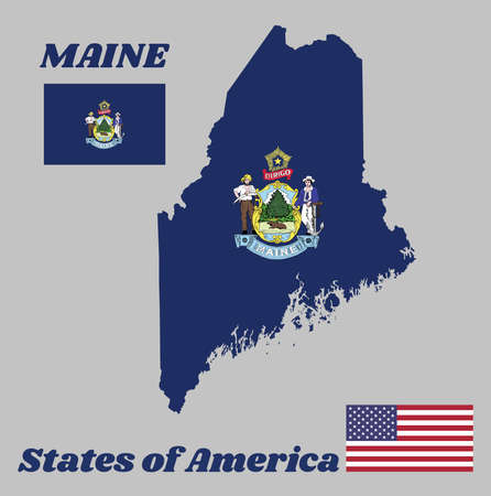 Map outline and flag of Maine and the state name. Obverse of the Seal of Virginia on an azure field. The state of America with USA flagのイラスト素材