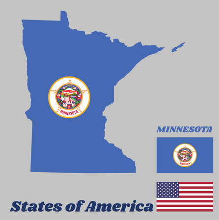 Map outline and flag of Minnesota and the state name. State seal on a medium blue field. The state of America with USA flag.のイラスト素材