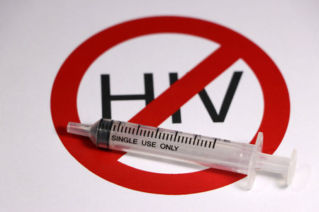 A syringe on the symbolic of no or anti HIV on white background.