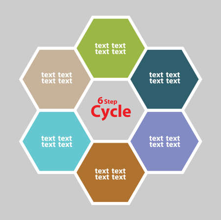 Infographic of 6 step of work or activities in the hexagon cycle of six color on grey background.のイラスト素材