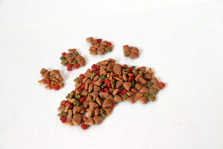 Heap of cat food set to cat footprint shape on the white floor. Cat food is food for consumption by...