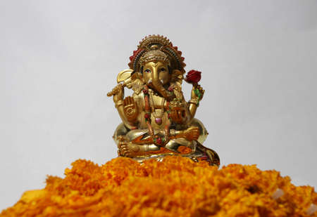 Ganesha made from brass with foreground yellow marigold flower and white background, the son of Uma Devi god in Hinduism and Brahmanism. God of knowledge and arts.のeditorial素材