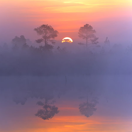 Sunrise reflecting in lake waterの写真素材