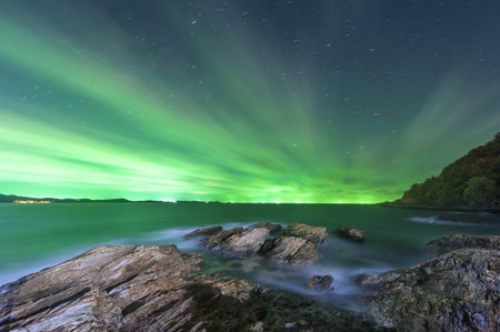 Night sea on green sky backgroundの写真素材