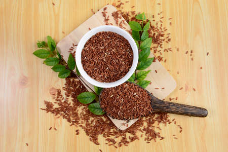 Set of rice collection on ladle on wood texture background.の写真素材