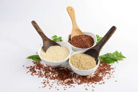 Set of jasmine rice collection have carbohydrates, vitamin and mineral that good for health on isolated white background.の写真素材