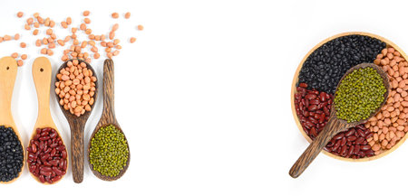 Seeds beans(Black Bean, Red Bean, Peanut and Mung Bean) useful for health in wood spoons on white...
