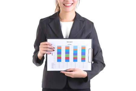 Business women in business suit holding black folder with paperwork on pure white background.の写真素材