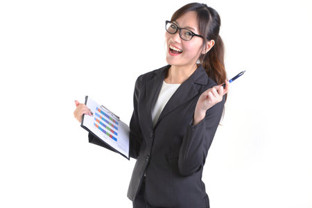 Business women in business suit holding black folder with paperwork on pure white background.