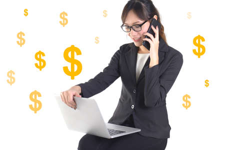 Successful businesswoman smile and very happy because success in the new project on white dollar background.の写真素材