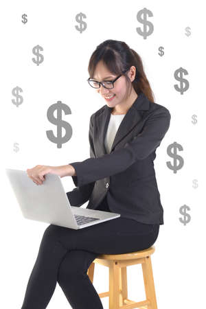 Successful businesswoman smile and very happy because success in the new project on white dollar background.の写真素材