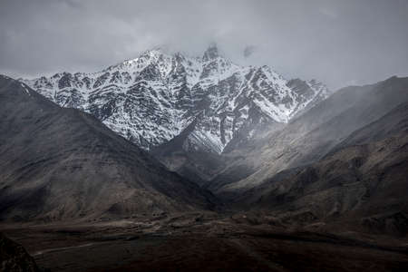 Winter landscape snow mountain with blue sky from Leh Ladakh India.の写真素材