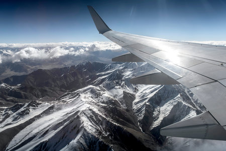 Winter landscape snow mountain high angle view from airplane Leh Ladakh India.の写真素材
