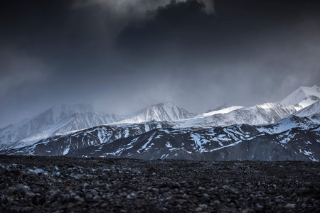 Winter landscape snow mountain high angle view from airplane Leh Ladakh India.の写真素材