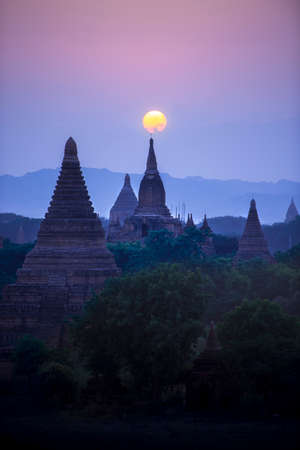 Sunrise scene pagoda ancient city field in Bagan Myanmar.の写真素材