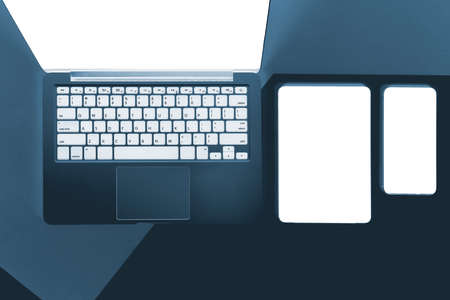 Flat lay x-ray photo of Office table with laptop computer, notebook, digital tablet and mobile phone on modern two tone (white and grey) background. Desktop office mockup concept.の写真素材