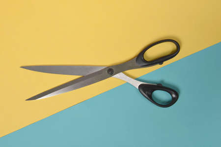 Flat lay of scissors on two tone background, Sewing and needlework concept.の写真素材