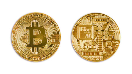 Front/Back golden bitcoin(Digital currency) isolated on white background. (with clipping path)