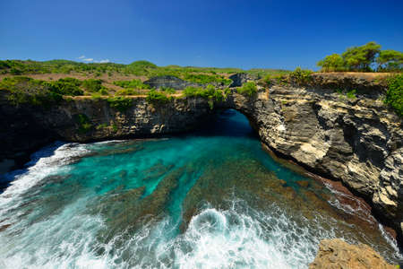 Amazing Wonderful seashore aerial view of beach located in Nusa Penida, southeast of Bali Island, Indonesia.の写真素材