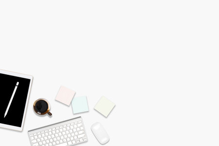 Flat lay photo of office table with digital tablet computer, mobile phone and accessories. on...