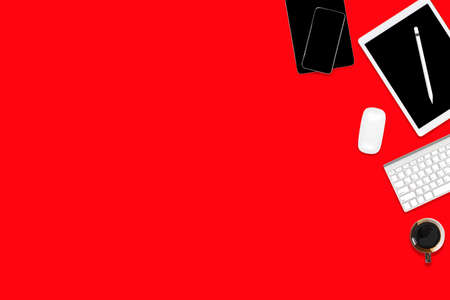 Flat lay of office table with digital tablet, mobile phone and accessories.の写真素材