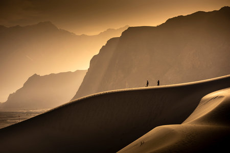 Beautiful desert at sunrise on mountain landscape background.